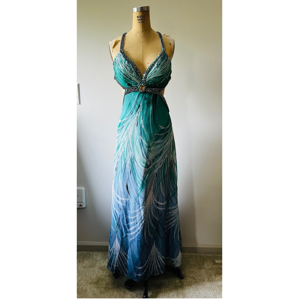Vintage Y2K Euro Nymph Beaded Mermaid Dress Teal Blue Ombre Open Back Size M